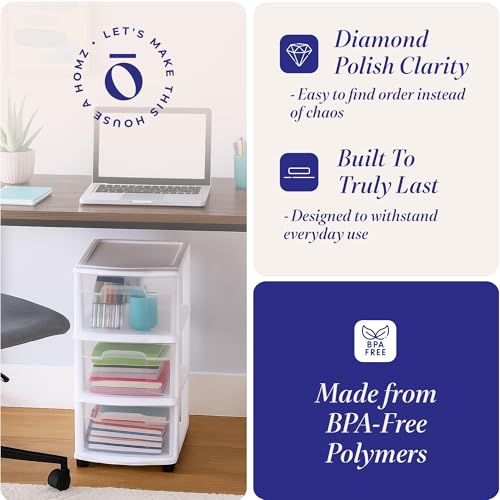 Minimalist HOMZ Drawer Tower, 3-Tier Rolling Storage Cart with Removable Essentials