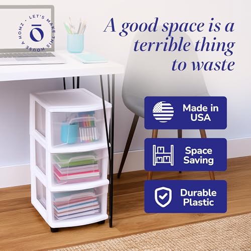 Minimalist HOMZ Drawer Tower, 3-Tier Rolling Storage Cart with Removable Essentials